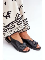 Połyskujące Sandały Damskie Z Ozdobą Płaskie Czarne Russona