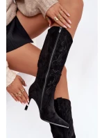 Dámské kozačky na podpatku cowboye z eko semiše černé Belonia