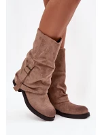 Kozaki Damskie Z Wywiniętą Cholewką Do Połowy Łydki Z Klamrą Khaki Minelle