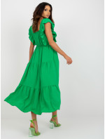 Zelené midi šaty s volánmi na rukávoch
