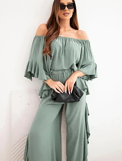 Dámsky viskózový boho set s volánmi khaki