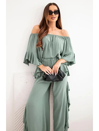 Dámsky viskózový boho set s volánmi khaki Dámsky viskózový boho set s volánmi khaki