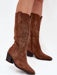 Zamszowe Kozaki Kowbojki Damskie Na Obcasie Camel Karira