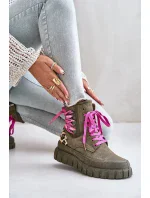 Dámske členkové topánky na platforme s ozdobným čipkovaným leopardím vzorom zelené Edidda