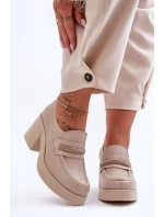Skórzane Półbuty Na Słupku Z Ozdobą Beżowe Lemar Gelanor