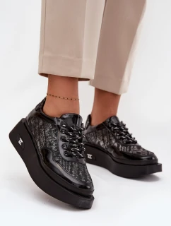 Skórzane Sznurowane Półbuty Damskie Na Platformie Artiker 57C2043 Czarno-Srebrne
