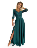 AMBER - Elegantné dlhé dámske krajkové šaty vo fľaškovo zelenej farbe s výstrihom 309-5