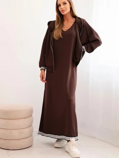 Dámsky viskózový komplet s blúzkou na gombíky a dlhou sukňou hnedej farby