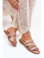 Zdobione Klapki Damskie Na Płaskim Obcasie Z Paskami I Klamrą Beżowe Manitte