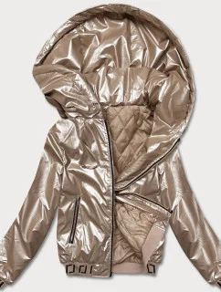 Krátka béžová dámska bunda s kapucňou (B8077-101)