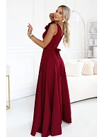 643-9 Elegantné večerné maxi šaty s rozparkom a ružami – bordové 643-9 Elegantné večerné maxi šaty s rozparkom a ružami – bordové