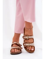 Materiałowe Klapki Damskie Na Korkowej Platformie Z Klamrami Camel Osoffe