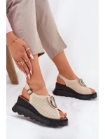 Skórzane Sandały Damskie Na Koturnie Z Ozdobą Artiker 56C0111 Beżowe