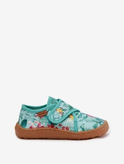 Dětské papuče na suchý zip Barefoot Květiny Listy Froddo G1700438-14 Mentolové