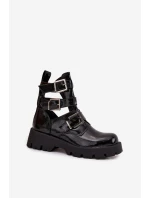 Lakierowane Botki Damskie Z Paskami I Srebrnymi Klamrami Czarne Helisse