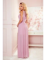 JUSTINE - Dlhé dámske šaty v púdrovo ružovej farbe s výstrihom a zaväzovaním 362-3 JUSTINE - Dlhé dámske šaty v púdrovo ružovej farbe s výstrihom a zaväzovaním 362-3