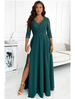 AMBER - Elegantné dlhé dámske krajkové šaty vo fľaškovo zelenej farbe s výstrihom 309-5