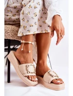 Damskie Modne Skórzane Klapki Beżowe Adaline