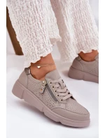 Skórzane Buty Sportowe Sneakersy Na Platformie Z Zamkiem Vinceza 88019 Ciemnobeżowe