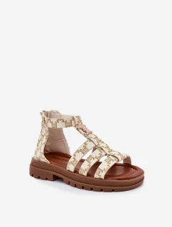 Dziewczęce Sandałki Gladiatorki Ze Złotym Detalem Beżowe Vesira