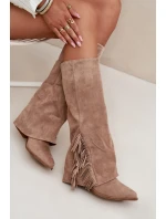 Wsuwane Kozaki Kowbojki Damskie Na Słupku Z Frędzlami Beżowe Zalia