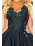 300-5 PATRICIA - šaty s dlhším zadným dielom a čipkovým výstrihom - BOTTLE GREEN