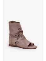 Zazoo 3437 Damskie Zamszowe Sandały Z Cholewką Na Zamek Beżowe