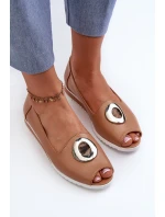 Czółenka Damskie Z Ozdobą Eko Skórzane Ciemnobeżowe Biolita