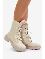 Lakierowane Ocieplane Botki Workery Z Ozdobą Beżowe Kelilea