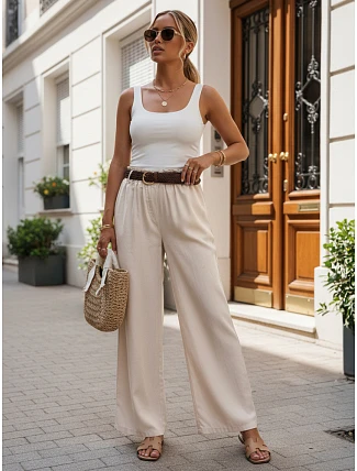 Dámske nohavice z lyocellu so širokými nohavicami, béžové, FashionStreet UY3068 Dámske nohavice z lyocellu so širokými nohavicami, béžové, FashionStreet UY3068