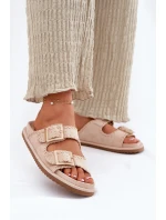 Klapki Damskie Z Klamrami I Ozdobnym Obszyciem Beżowe Visley