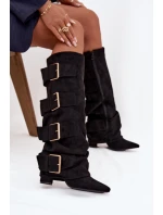 Kozaki Damskie Na Słupku Z Wywiniętą Cholewką I Złotymi Klamrami Eko Zamszowe Czarne Isavelle