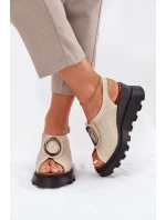 Skórzane Sandały Damskie Na Koturnie Z Ozdobą Artiker 56C0111 Beżowe