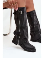 Kozaki Damskie Z Wywiniętą Cholewką Klamrą I Srebrnym Zamkiem Ocieplane Czarne Bressa