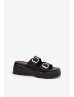 Klapki Damskie Na Koturnie I Platformie Z Klamrami Czarne Nitarelia