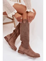 Dámské kozačky s perforovaným vzorem na nízkém podpatku S.Barski HY61-8022 Hnědé