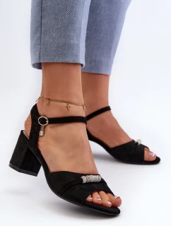 Sandały Damskie Eko Zamszowe Na Słupku Z Ozdobami Czarne Narhi