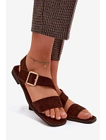Dámské sandály na ploché podrážce se zlatým přezkou čokoládové Verissea