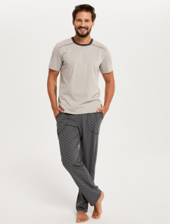 Pánske pyžamo Abel, krátky rukáv, dlhé nohavice - béžová/potlač