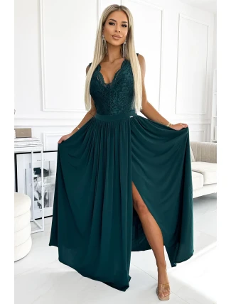 211-6 LEA dlhé šaty s čipkovým výstrihom - BOTTLE GREEN