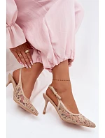 Dámské sandály na podpatku s krajkou tmavě béžové Pelivelle