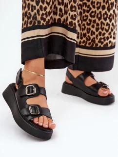 Sandały Damskie Na Platformie I Koturnie Z Klamrami Czarne Genorre