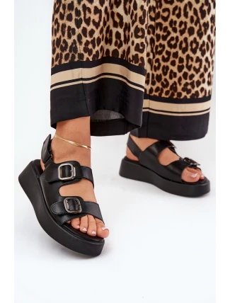 Sandały Damskie Na Platformie I Koturnie Z Klamrami Czarne Genorre