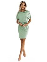 240-10 ROXI pohodlné šaty s asymetrickou sukňou a opaskom - pistáciová farba