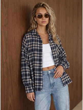 Dámska flanelová košeľa s kockovaným vzorom, tmavomodrá, FashionStreet DY0508 Dámska flanelová košeľa s kockovaným vzorom, tmavomodrá, FashionStreet DY0508