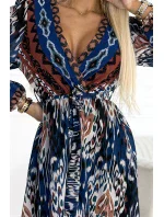 516-1 Šifónové šaty s výstrihom a dlhými rukávmi - indický vzor 516-1 Šifónové šaty s výstrihom a dlhými rukávmi - indický vzor