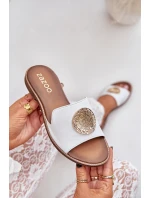 Skórzane Klapki Z Ozdobą Na Płaskim Obcasie Zazoo 3047/O Białe