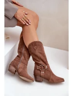 Zazoo 3669 Zamszowe Kozaki Kowbojki Damskie Do Połowy Łydki Brązowe