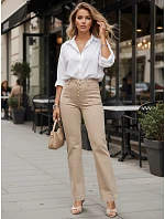 Dámske džínsy s vysokým pásom a širokými nohavicami béžovej farby FashionStreet UY2946 Dámske džínsy s vysokým pásom a širokými nohavicami béžovej farby FashionStreet UY2946