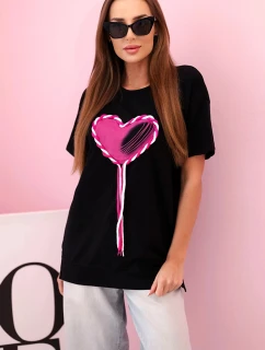 Dámske bavlnené oversize tričko so srdcom a strapcami čierne